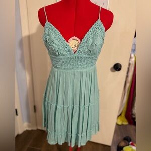 Crochet Top Aqua Blue Linen Dress Bow in Back